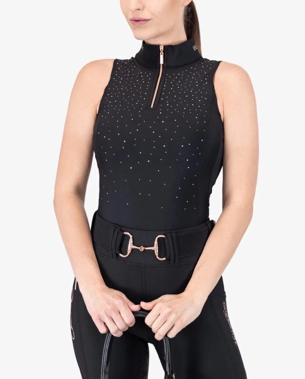 HorseGloss Kylie Base Layer Short Sleeve Black Rose Gold Crystal Womens XL NEW